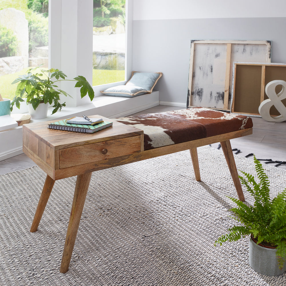 Retro-Stil Sitzbank_ Stauraum_ Ziegenleder-Bezug_ 100x52x38 cm_ Schublade_ Anti-Rutsch-Noppen - KADIMA DESIGN_Farbe_ Braun_ Material_ Tierfell_ Größe_ 100x38x52 cm_