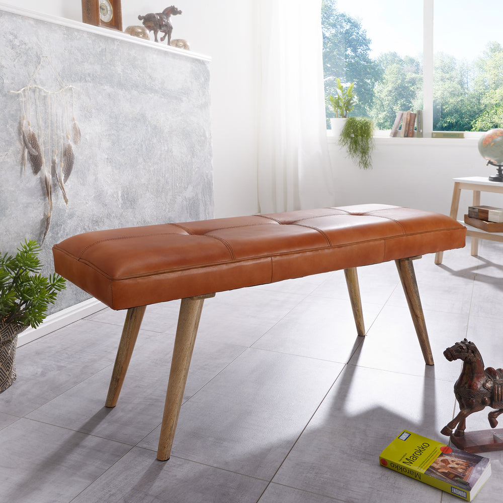 Retro-Sitzbank aus Ziegenleder und massivem Holz_ stabil_ 200 kg Belastbarkeit - KADIMA DESIGN_Größe_ 117x38x51 cm_