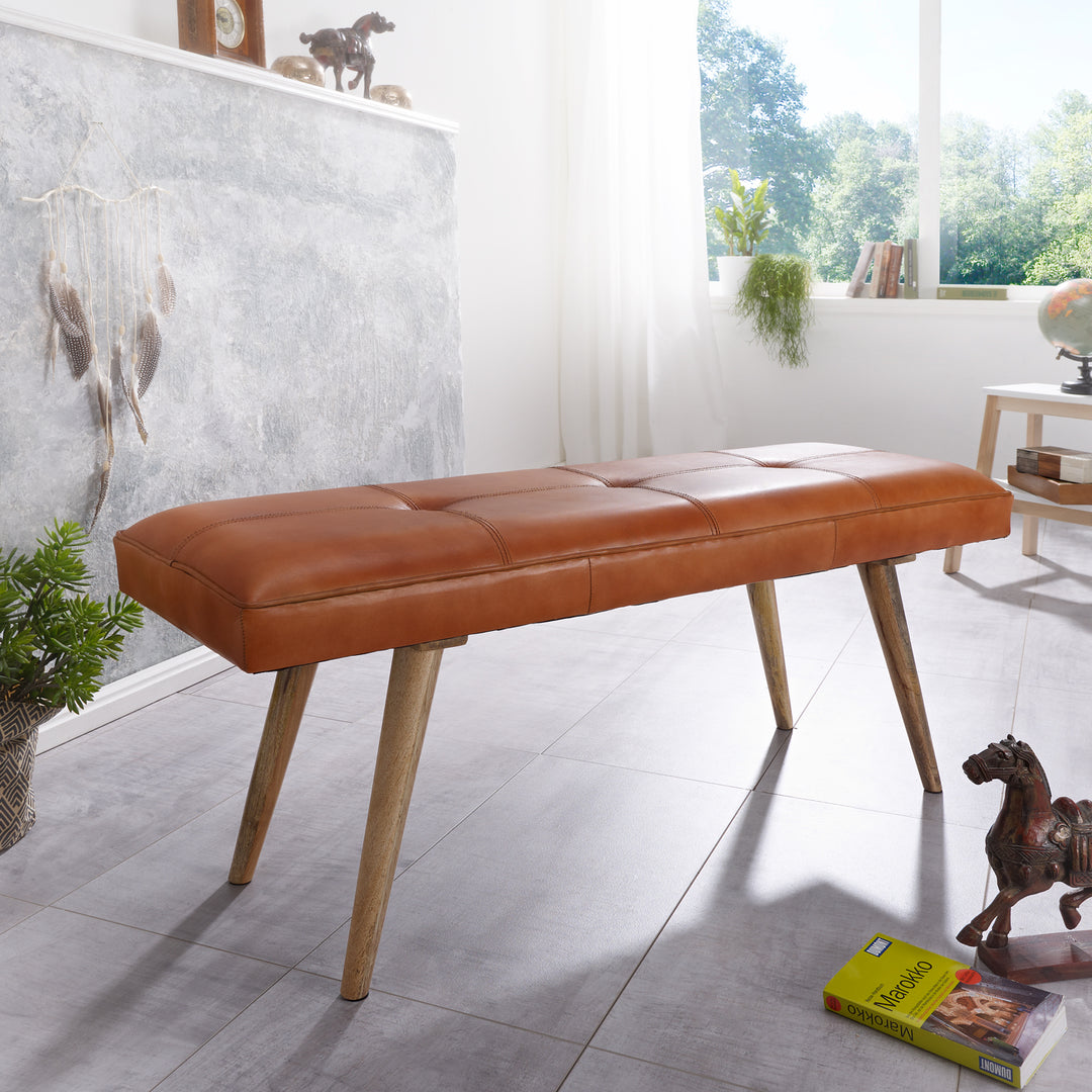 Retro-Sitzbank aus Ziegenleder und massivem Holz_ stabil_ 200 kg Belastbarkeit - KADIMA DESIGN_Größe_ 117x38x51 cm_