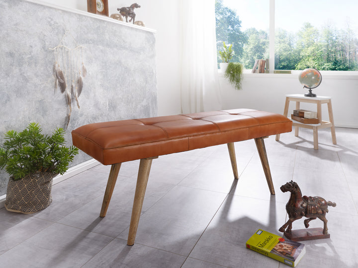 Retro-Sitzbank aus Ziegenleder und massivem Holz_ stabil_ 200 kg Belastbarkeit - KADIMA DESIGN_Größe_ 117x38x51 cm_