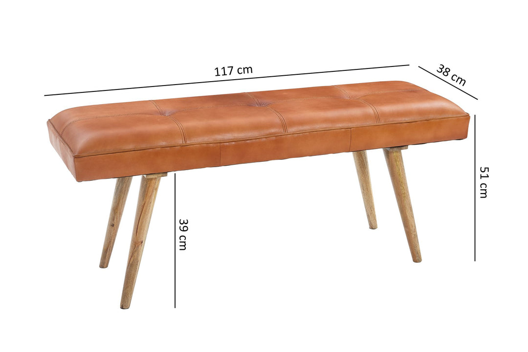Retro-Sitzbank aus Ziegenleder und massivem Holz_ stabil_ 200 kg Belastbarkeit - KADIMA DESIGN_Größe_ 117x38x51 cm_