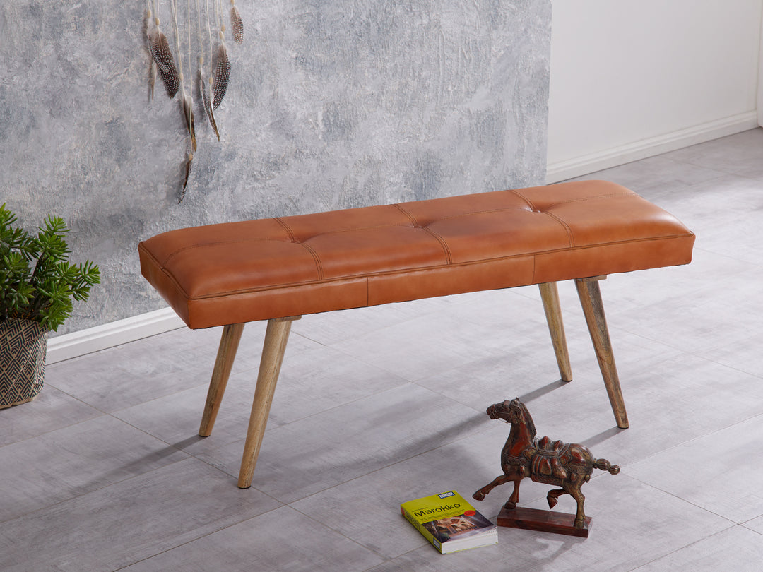 Retro-Sitzbank aus Ziegenleder und massivem Holz_ stabil_ 200 kg Belastbarkeit - KADIMA DESIGN_Größe_ 117x38x51 cm_