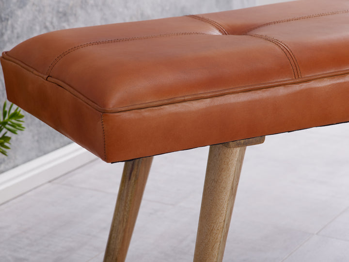 Retro-Sitzbank aus Ziegenleder und massivem Holz_ stabil_ 200 kg Belastbarkeit - KADIMA DESIGN_Größe_ 117x38x51 cm_