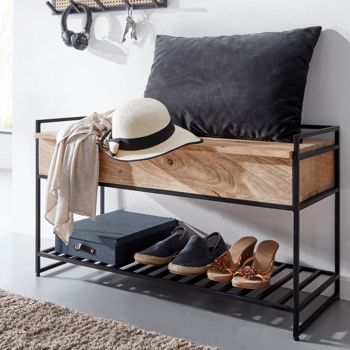 Flurbank SILLARO_ Holz-Metall-Mix_ hochklappbare Sitzfläche_ 90x52x38 cm_ Schuh-Aufbewahrung_ 200 kg Belastung - KADIMA DESIGN_Farbe_ Beige_ Größe_ 90x38x52 cm_