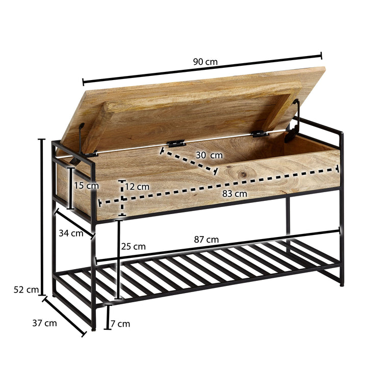 Flurbank SILLARO_ Holz-Metall-Mix_ hochklappbare Sitzfläche_ 90x52x38 cm_ Schuh-Aufbewahrung_ 200 kg Belastung - KADIMA DESIGN_Farbe_ Beige_ Größe_ 90x38x52 cm_