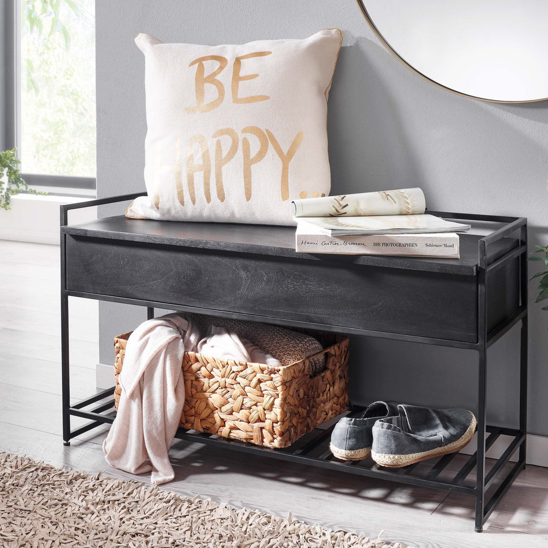 Flurbank SILLARO_ Holz-Metall-Mix_ hochklappbare Sitzfläche_ 90x52x38 cm_ Schuh-Aufbewahrung_ 200 kg Belastung - KADIMA DESIGN_Farbe_ Schwarz_ Größe_ 90x38x52 cm_