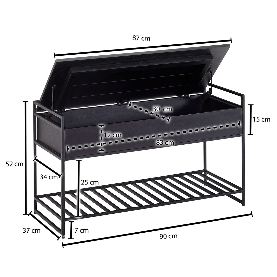 Flurbank SILLARO_ Holz-Metall-Mix_ hochklappbare Sitzfläche_ 90x52x38 cm_ Schuh-Aufbewahrung_ 200 kg Belastung - KADIMA DESIGN_Farbe_ Schwarz_ Größe_ 90x38x52 cm_