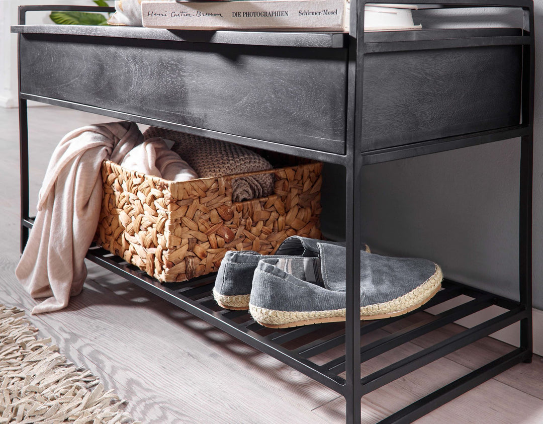 Flurbank SILLARO_ Holz-Metall-Mix_ hochklappbare Sitzfläche_ 90x52x38 cm_ Schuh-Aufbewahrung_ 200 kg Belastung - KADIMA DESIGN_Farbe_ Schwarz_ Größe_ 90x38x52 cm_