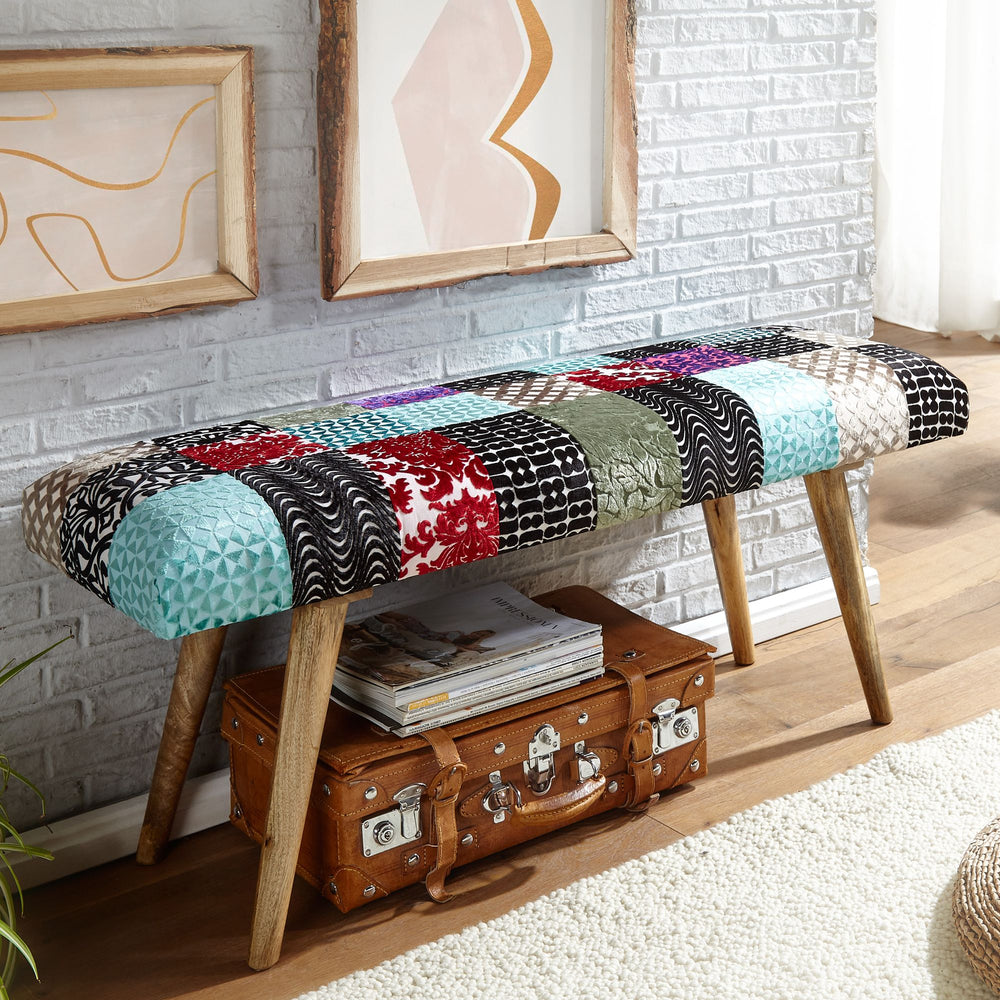 Sitzbank Samt/Massivholz_ Patchwork-Design_ 160 kg Belastbarkeit_ Mangoholz Beine - KADIMA DESIGN_Größe_ 117x38x51 cm_