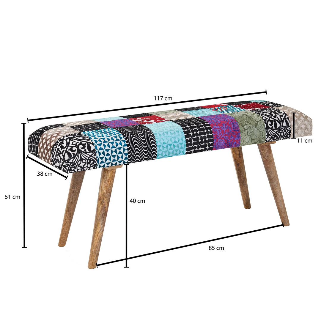 Sitzbank Samt/Massivholz_ Patchwork-Design_ 160 kg Belastbarkeit_ Mangoholz Beine - KADIMA DESIGN_Größe_ 117x38x51 cm_
