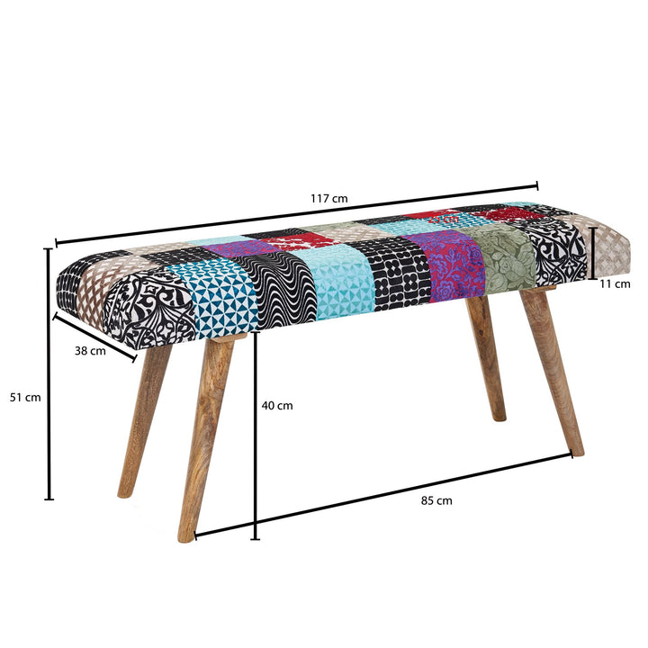 Sitzbank Samt/Massivholz_ Patchwork-Design_ 160 kg Belastbarkeit_ Mangoholz Beine - KADIMA DESIGN_Größe_ 117x38x51 cm_