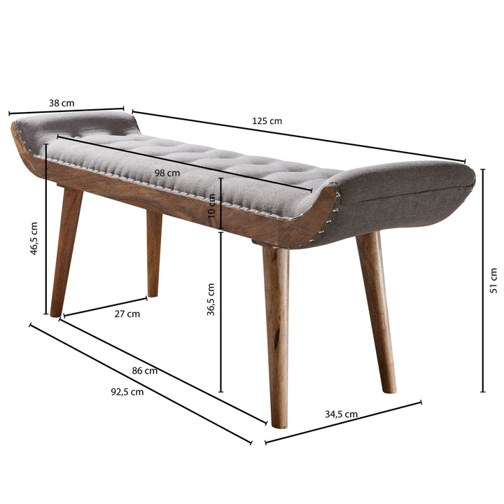 Sitzbank aus Massivholz und Leder/Stoff_ Chesterfield-Muster_ 125x50x38 cm_ Lederpolsterung_ Massivholzbeine - KADIMA DESIGN_Farbe_ Beige_ Material_ Stoff_ Größe_ 125x38x50 cm_