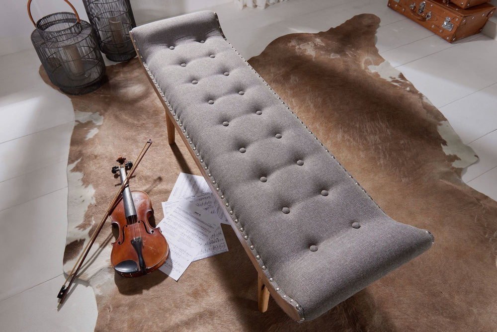 Sitzbank aus Massivholz und Leder/Stoff_ Chesterfield-Muster_ 125x50x38 cm_ Lederpolsterung_ Massivholzbeine - KADIMA DESIGN_Farbe_ Beige_ Material_ Stoff_ Größe_ 125x38x50 cm_