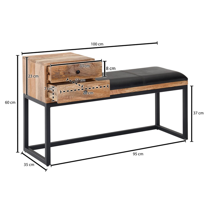 Retro-Sitzbank TEXAS mit Schubladen_ Moderner Retro-Stil aus Ziegenleder und Metall - KADIMA DESIGN_Größe_ 100x35x60 cm_