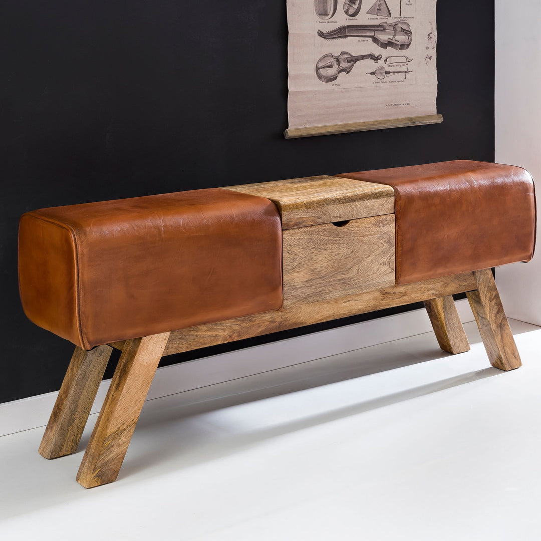 Retro Sitzbank_ Echtes Leder_ Holzbeine_ 120 cm - Stilvoll &amp; Komfortabel mit Stauraum - KADIMA DESIGN_Größe_ 120x29x53 cm_