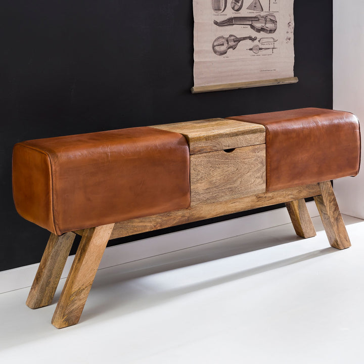 Retro Sitzbank_ Echtes Leder_ Holzbeine_ 120 cm - Stilvoll &amp;amp; Komfortabel mit Stauraum - KADIMA DESIGN_Größe_ 120x29x53 cm_