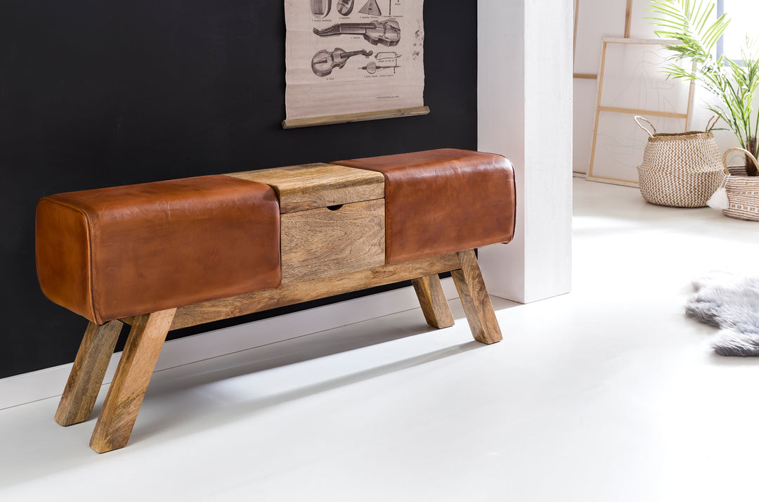 Retro Sitzbank_ Echtes Leder_ Holzbeine_ 120 cm - Stilvoll &amp; Komfortabel mit Stauraum - KADIMA DESIGN_Größe_ 120x29x53 cm_