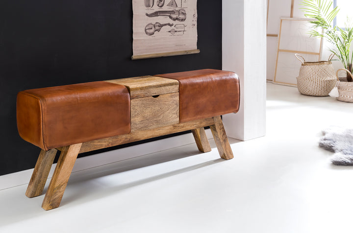 Retro Sitzbank_ Echtes Leder_ Holzbeine_ 120 cm - Stilvoll &amp;amp; Komfortabel mit Stauraum - KADIMA DESIGN_Größe_ 120x29x53 cm_