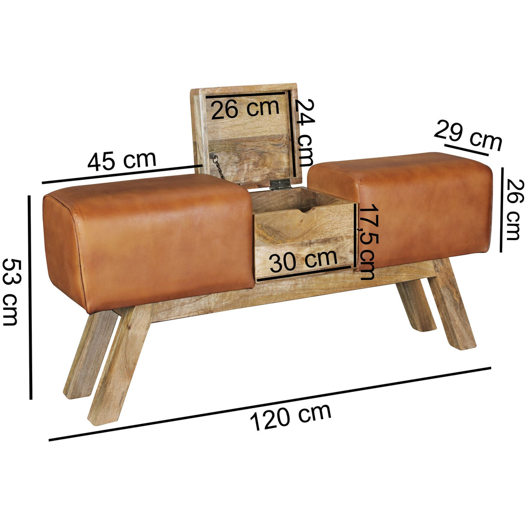 Retro Sitzbank_ Echtes Leder_ Holzbeine_ 120 cm - Stilvoll &amp; Komfortabel mit Stauraum - KADIMA DESIGN_Größe_ 120x29x53 cm_