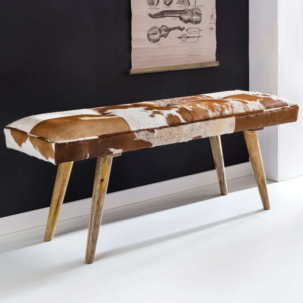 Sitzbank im Landhausstil mit Ziegenfellüberzug_ echtes Leder_ Mango Holz_ 220 kg Belastbarkeit - KADIMA DESIGN_Größe_ 120x40x52 cm_