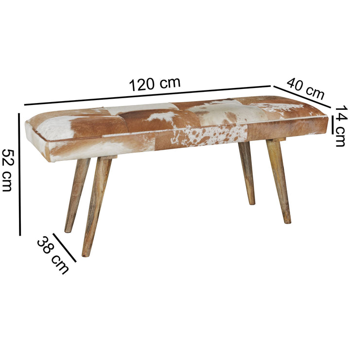 Sitzbank im Landhausstil mit Ziegenfellüberzug_ echtes Leder_ Mango Holz_ 220 kg Belastbarkeit - KADIMA DESIGN_Größe_ 120x40x52 cm_