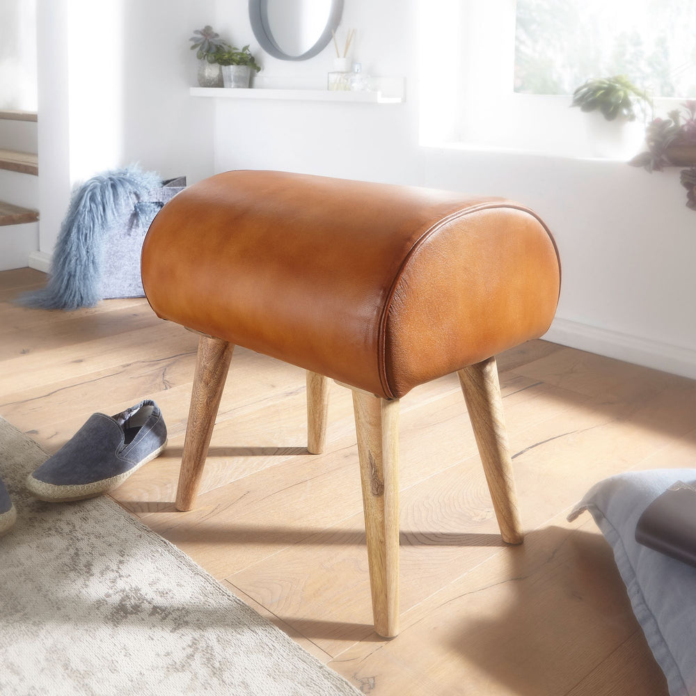 Echtleder Sitzhocker aus Massivholz_ Braun_ 45x53x40 cm_ 120 kg Belastbarkeit - KADIMA DESIGN_Größe_ 45x40x53 cm_