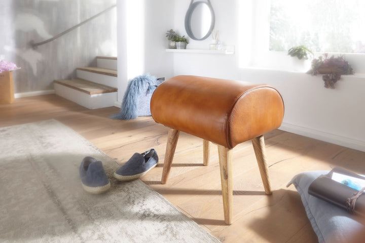 Echtleder Sitzhocker aus Massivholz_ Braun_ 45x53x40 cm_ 120 kg Belastbarkeit - KADIMA DESIGN_Größe_ 45x40x53 cm_