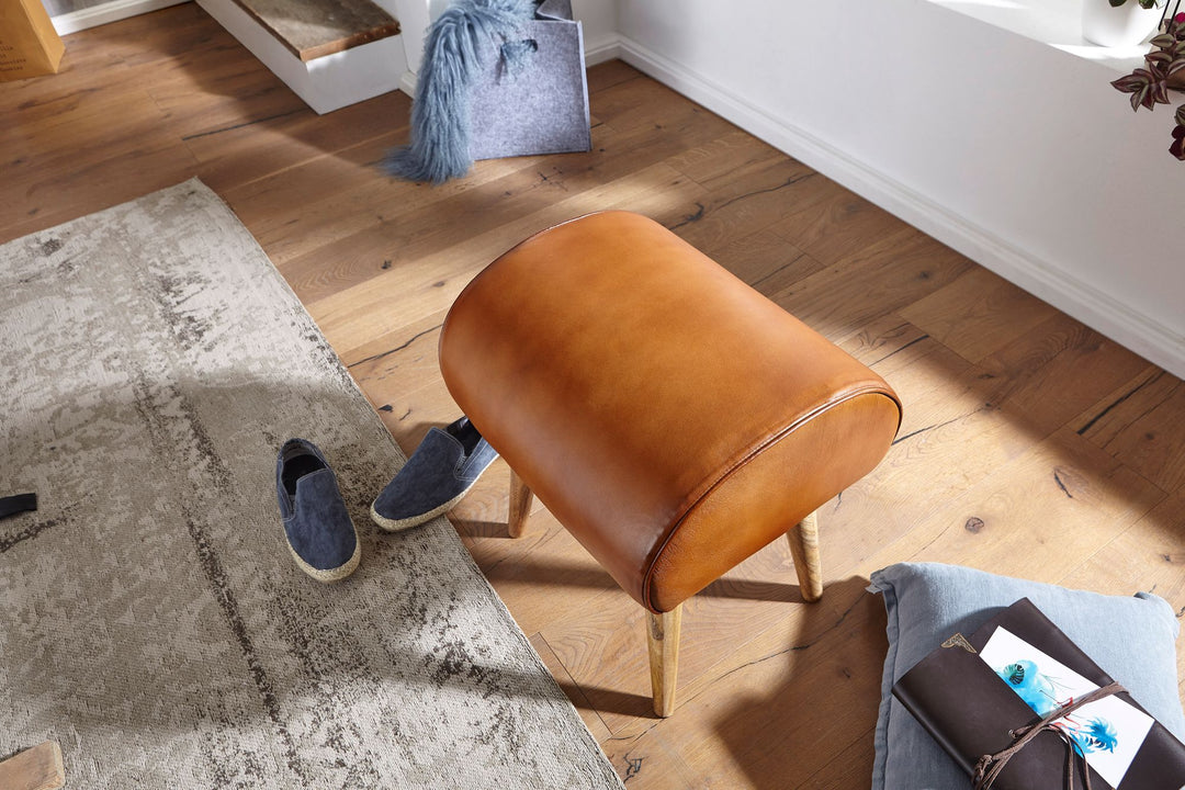 Echtleder Sitzhocker aus Massivholz_ Braun_ 45x53x40 cm_ 120 kg Belastbarkeit - KADIMA DESIGN_Größe_ 45x40x53 cm_