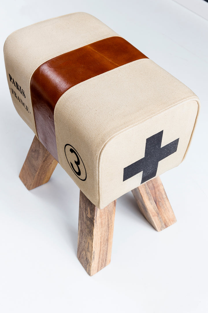 Retro Sitzhocker Canzas_ Baumwollgewebe/Ziegenleder_ 40x47x30 cm - Stilvoll &amp;amp; Robust - KADIMA DESIGN_Farbe_ Braun_ Material_ Stoff_ Größe_ 40x30x47 cm_