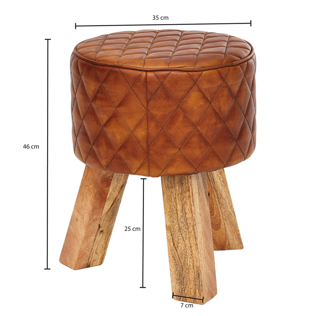 Extravaganter Sitzhocker mit Rautenmuster_ Holz und Leder_ 46 cm Höhe_ Braun - KADIMA DESIGN_Größe_ 35x35x46 cm_