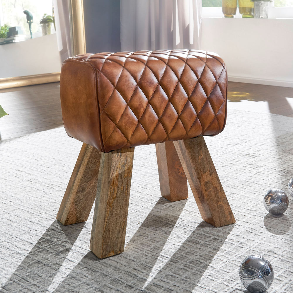 Exklusiver Sitzhocker aus Echtleder mit Rautenmuster_ Stilvolles und strapazierfähiges Möbelstück - KADIMA DESIGN_Größe_ 40x27x48 cm_