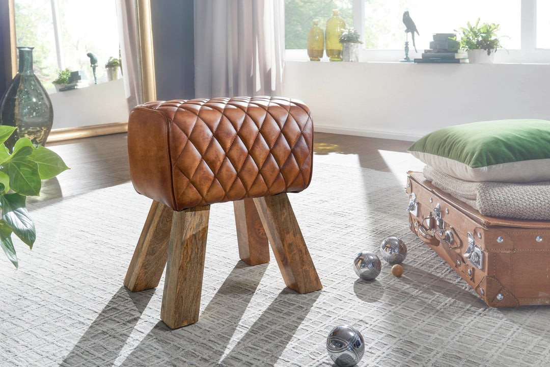 Exklusiver Sitzhocker aus Echtleder mit Rautenmuster_ Stilvolles und strapazierfähiges Möbelstück - KADIMA DESIGN_Größe_ 40x27x48 cm_