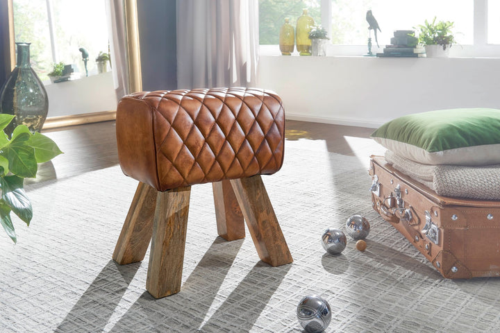 Exklusiver Sitzhocker aus Echtleder mit Rautenmuster_ Stilvolles und strapazierfähiges Möbelstück - KADIMA DESIGN_Größe_ 40x27x48 cm_
