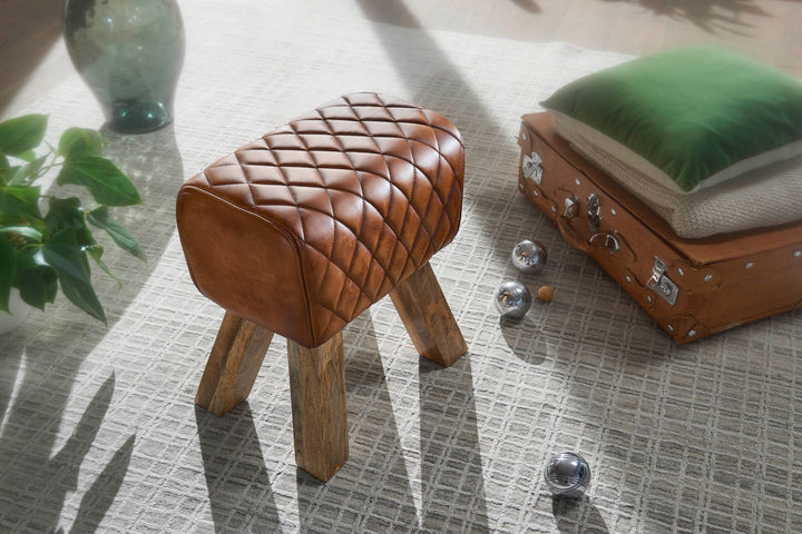 Exklusiver Sitzhocker aus Echtleder mit Rautenmuster_ Stilvolles und strapazierfähiges Möbelstück - KADIMA DESIGN_Größe_ 40x27x48 cm_