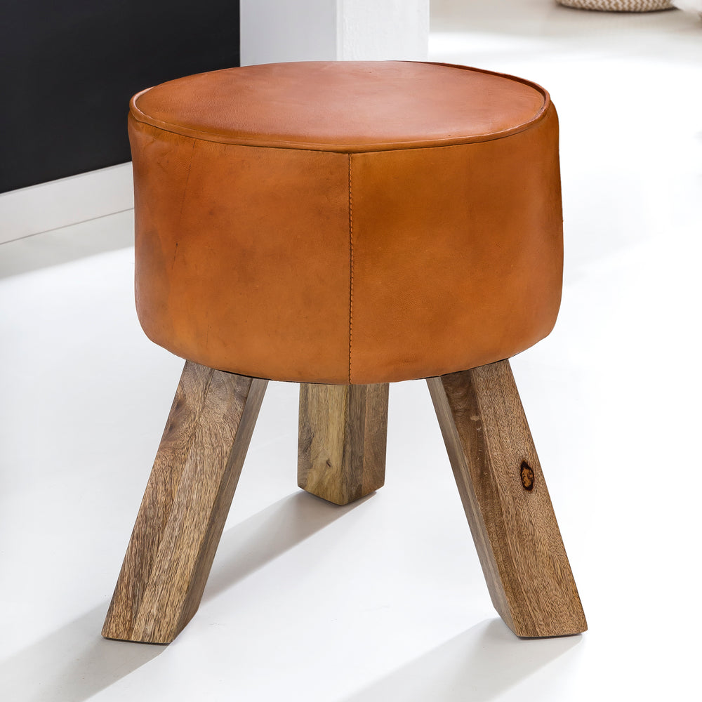 Country-Stil Sitzhocker_ Ziegenleder_ Holzgestell_ 45 cm - Robust &amp; Handgefertigt - KADIMA DESIGN_Größe_ 37x37x45 cm_