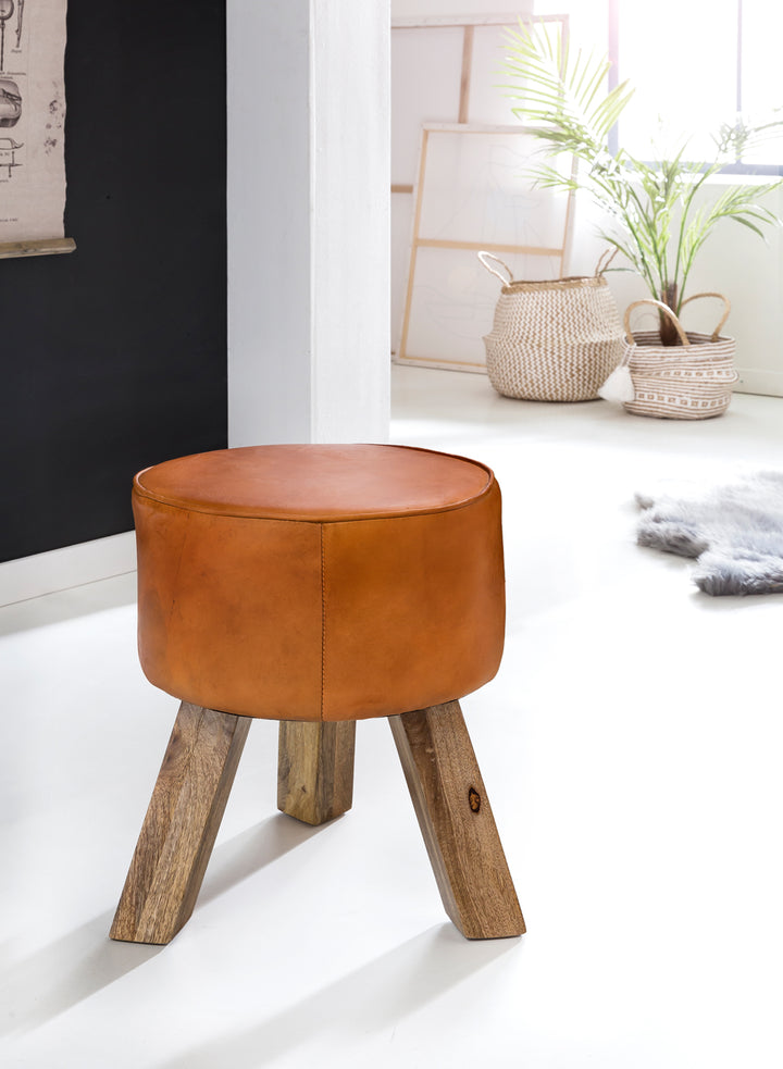 Country-Stil Sitzhocker_ Ziegenleder_ Holzgestell_ 45 cm - Robust &amp;amp; Handgefertigt - KADIMA DESIGN_Größe_ 37x37x45 cm_