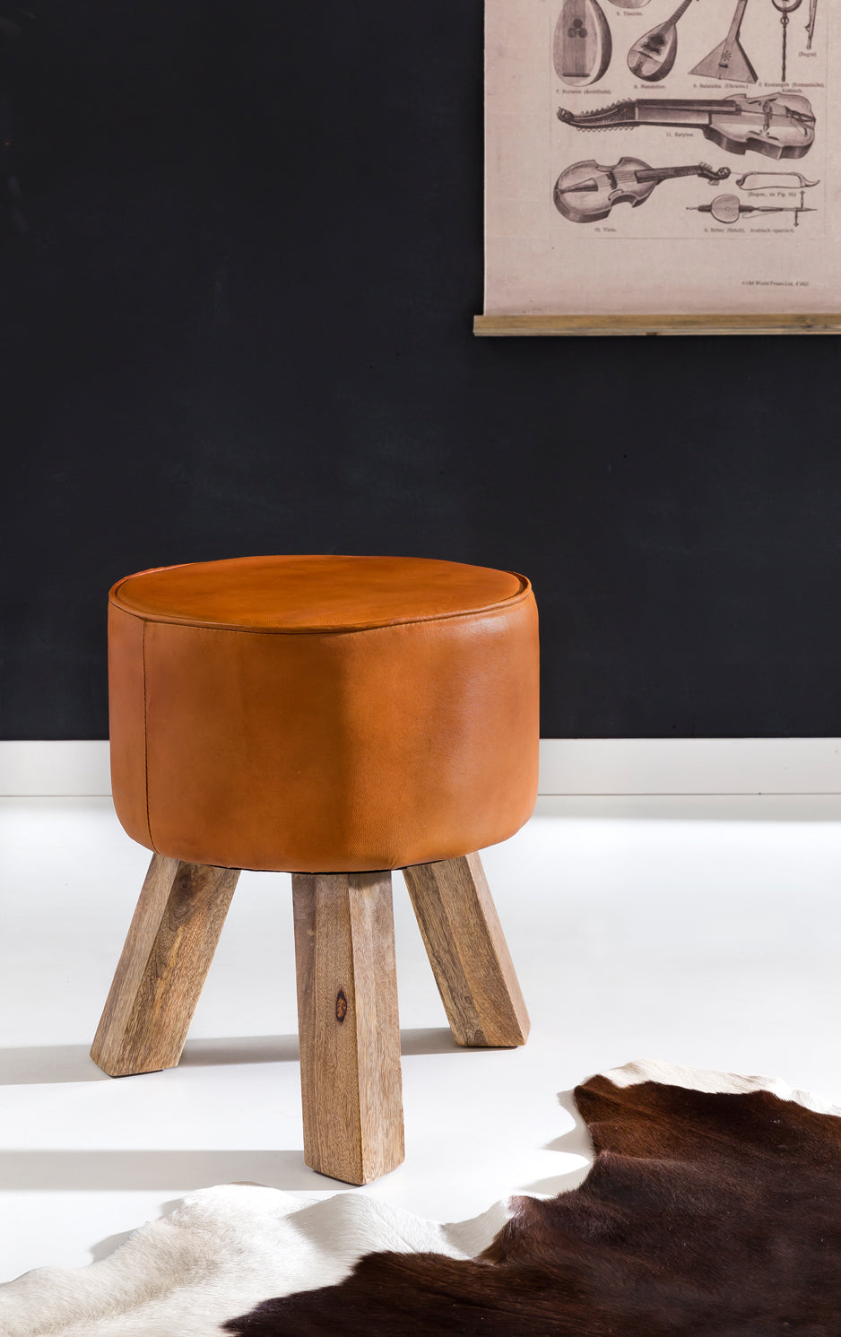Country-Stil Sitzhocker_ Ziegenleder_ Holzgestell_ 45 cm - Robust &amp; Handgefertigt - KADIMA DESIGN_Größe_ 37x37x45 cm_