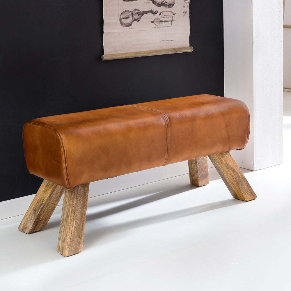 Sportlicher Sitzhocker_ Braun_ Leder_ Mango-Holz_ 90x30x43 cm - Modern &amp; Stabil - KADIMA DESIGN_Größe_ 90x30x43 cm_