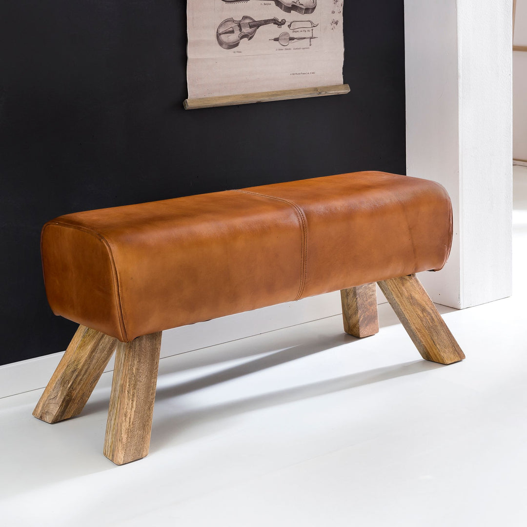 Sportlicher Sitzhocker_ Braun_ Leder_ Mango-Holz_ 90x30x43 cm - Modern &amp; Stabil - KADIMA DESIGN_Größe_ 90x30x43 cm_