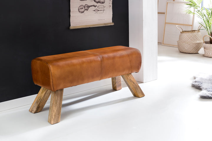 Sportlicher Sitzhocker_ Braun_ Leder_ Mango-Holz_ 90x30x43 cm - Modern &amp;amp; Stabil - KADIMA DESIGN_Größe_ 90x30x43 cm_