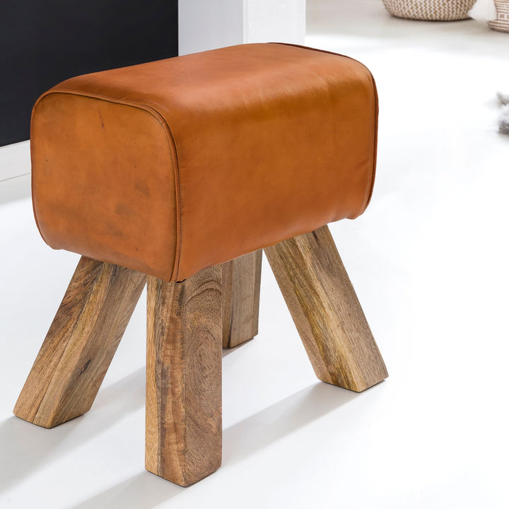 Retro Turnhocker aus Echtleder und Holz_ stabil und luxuriös_ handgefertigt - KADIMA DESIGN_Farbe_ Braun_ Material_ Leder_ Größe_ 40x30x47 cm_