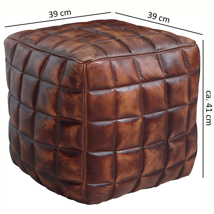Echtleder Sitzhocker_ abgesteppte Quadrate_ Braun_ Used-Look_ 41x39x39 cm - KADIMA DESIGN_Größe_ 39x39x41 cm_