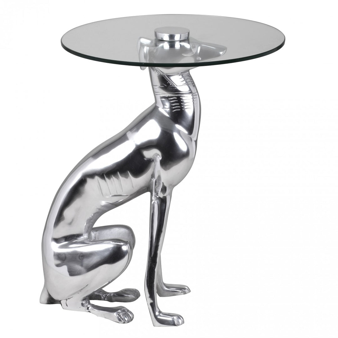KADIMA DESIGN Windhund Skulptur Deko Beistelltisch aus Aluminium und Glasplatt_ handgefertigt und einzigartiges Design_Silber_#sku_BARWL1.628#