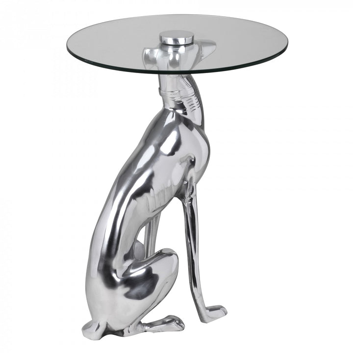 KADIMA DESIGN Windhund Skulptur Deko Beistelltisch aus Aluminium und Glasplatt_ handgefertigt und einzigartiges Design_Silber_#sku_BARWL1.628#