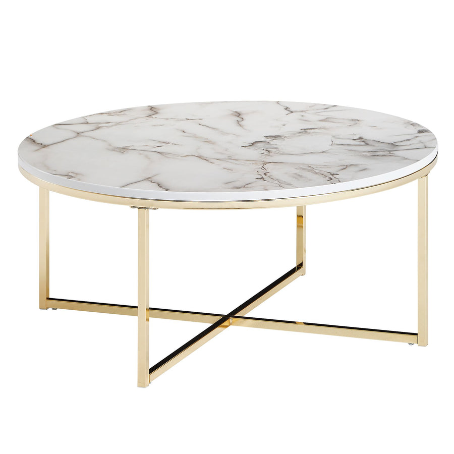 Stylischer Runder Sofatisch_ Marmor-Optik_ Goldfarbenes Gestell_ 80 cm - KADIMA DESIGN_Farbe_ Weiß_ Größe_ 80x80x35 cm_
