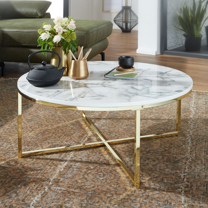 Stylischer Runder Sofatisch_ Marmor-Optik_ Goldfarbenes Gestell_ 80 cm - KADIMA DESIGN_Farbe_ Weiß_ Größe_ 80x80x35 cm_