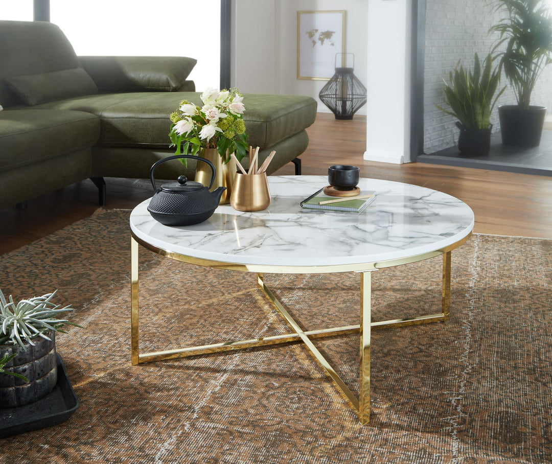 Stylischer Runder Sofatisch_ Marmor-Optik_ Goldfarbenes Gestell_ 80 cm - KADIMA DESIGN_Farbe_ Weiß_ Größe_ 80x80x35 cm_