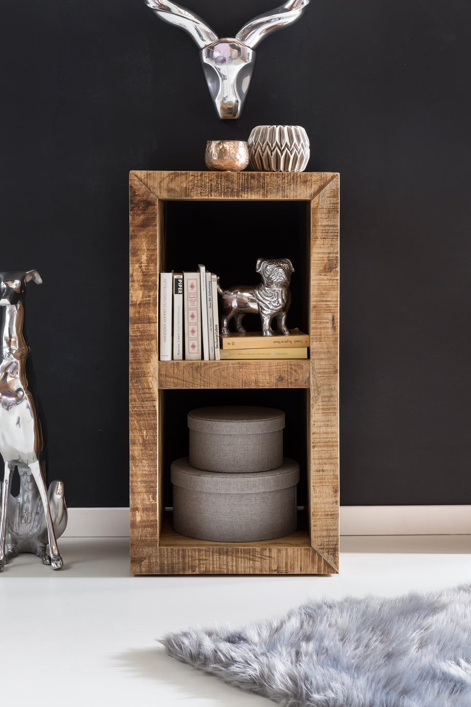 Holzregal EWA_ Rustikales Standregal_ Cube-Form_ Vintage-Shabby-Look_ 2 Innenräume_ recyceltes Mango-Massivholz - KADIMA DESIGN_Farbe_ Beige_ Größe_ 45x35x90 cm_