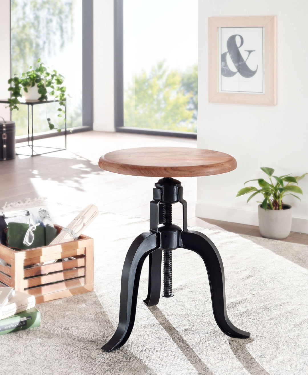 Rustikaler Industrial-Drehhocker aus Akazienholz und Eisen_ höhenverstellbare Sitzfläche - KADIMA DESIGN_Größe_ 39x39x48 cm_