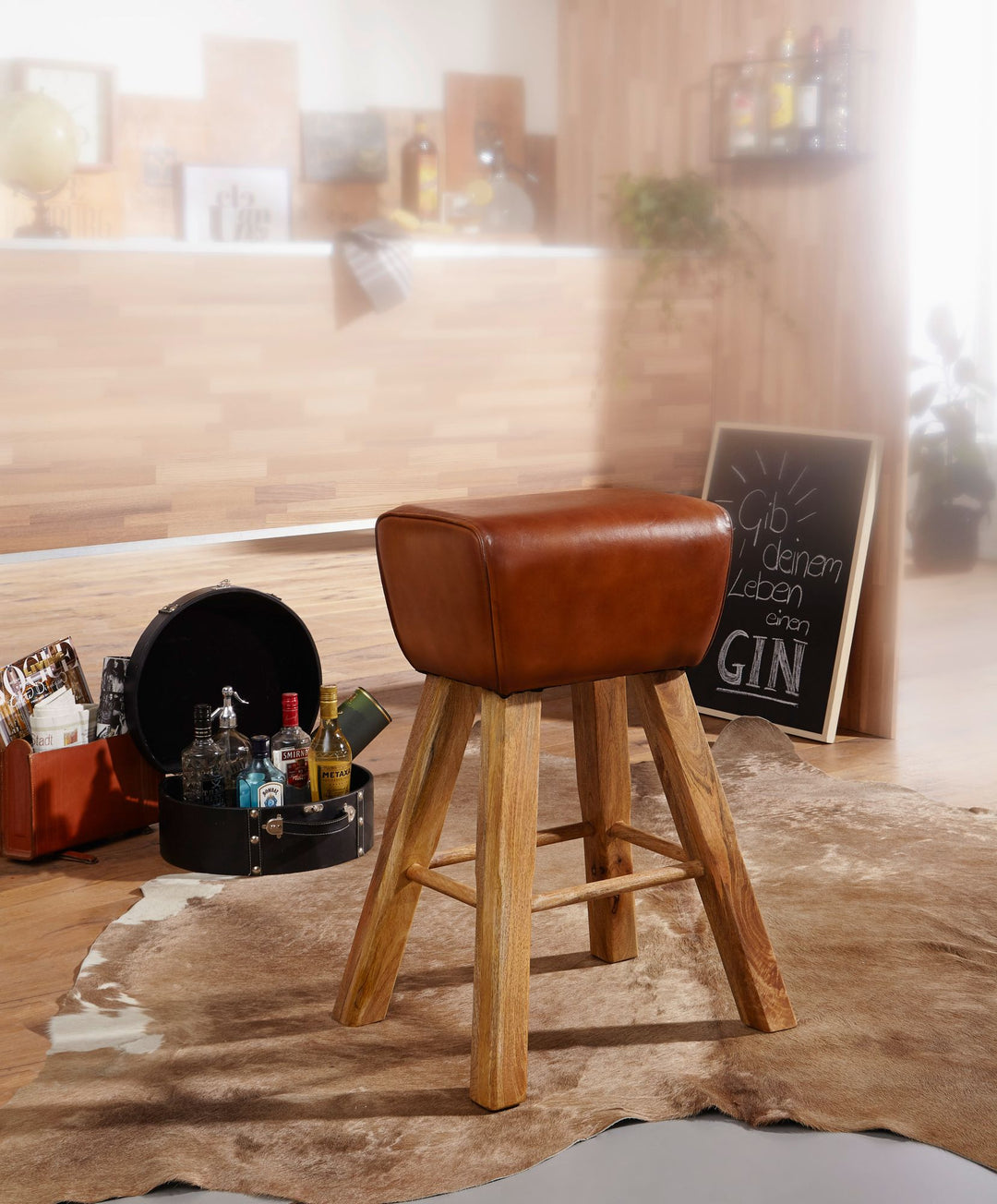 Sportlicher Turnbock-Barhocker_ Ziegenleder und Mango Massivholz_ 43x75x43 cm_ dunkelbraun - KADIMA DESIGN_Größe_ 43x43x75 cm_